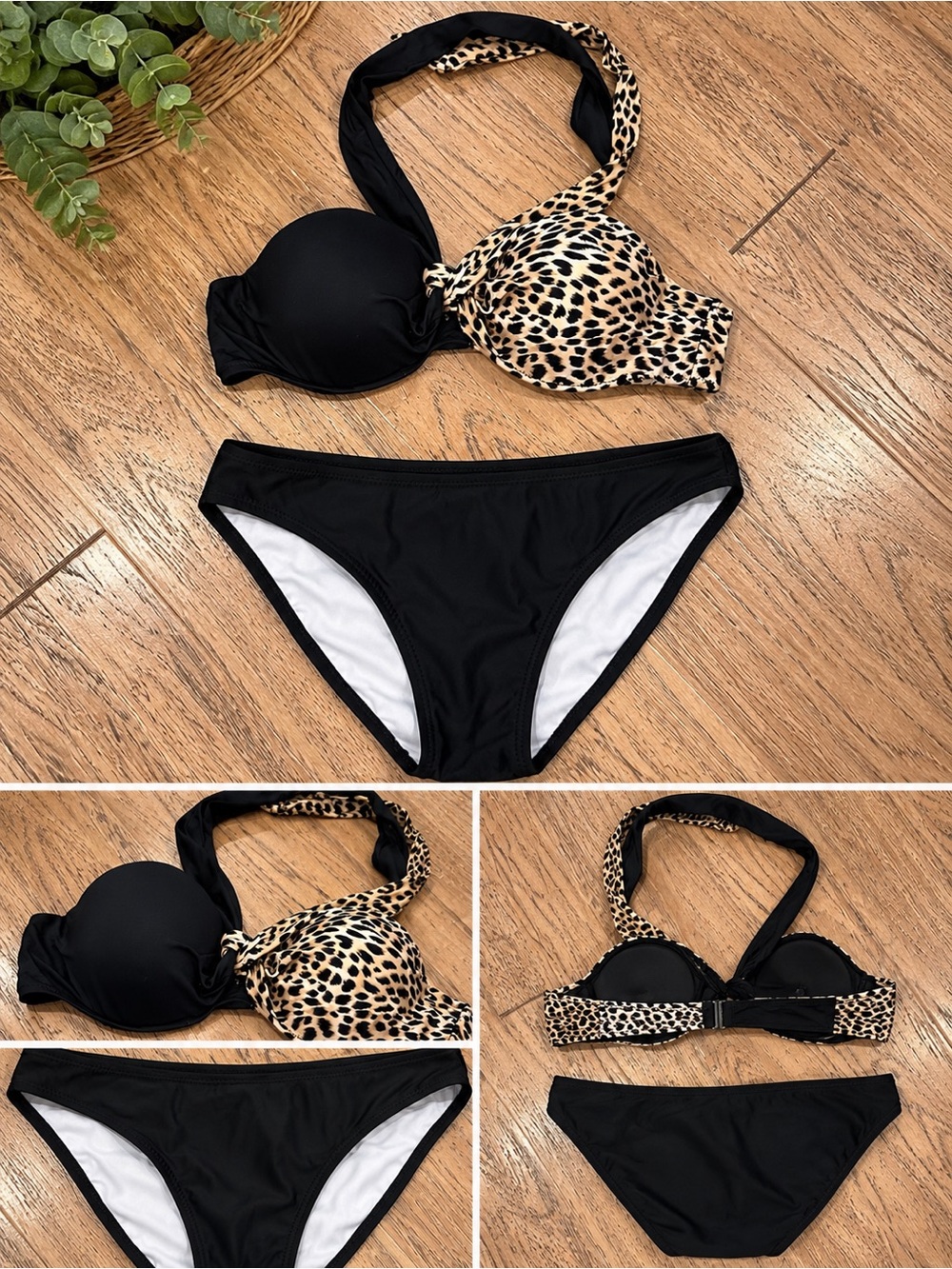 Leopard Print & Black Halter Push-Up Bikini Set - Women Swim